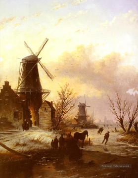 Figures sur un pont dans un paysage de Dutch Town Jan Jacob Coenraad Spohler Peinture à l'huile